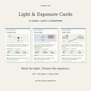 May include: A set of twelve Studio Cân Light & Exposure Cards featuring instructional diagrams and camera settings for various lighting conditions like golden hour, neon light, and light trails. The cards include text, aperture, shutter, and ISO data.