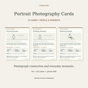 May include: A set of Studio Can portrait photography cards featuring 12 instructional guides for people and moments. Each card displays a stick figure diagram, camera settings like f/4 and 1/250s, and tips for travel, walking, and seated portraits.