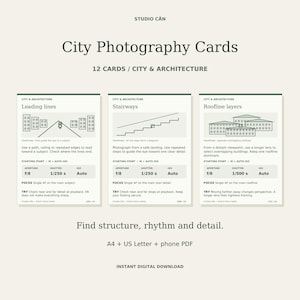 May include: A set of three City Photography Cards featuring instructional text and line drawings for city and architecture photography. The cards include technical camera settings like aperture, shutter speed, and ISO, with the text Studio Can, City Photography Cards, 12 Cards, and Find structure, rhythm and detail.