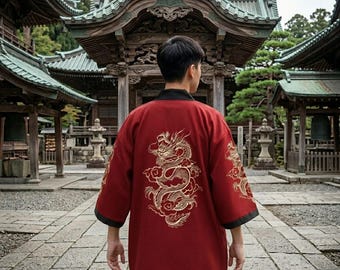 Gold Embroidered Dragon Kimono Jacket - Red and Black Japanese Cardigan - Oversized Asian Streetwear - Harajuku Style Men's Gift
