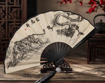 Japanese Dragon Tiger Folding Fan – Samurai Hand Fan, Asian Decor, Martial Arts Gift for Men