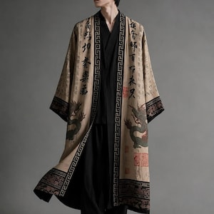 May include: A beige kimono-style robe with black trim and Chinese characters. The robe features a dragon design and is worn over a black outfit. The robe is open, revealing the outfit underneath.
