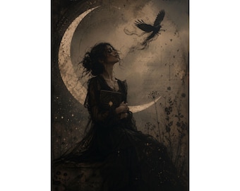 Plakat, gotycka grafika ścienna Raven Moon Dark Academia, wydruk dla miłośników książek