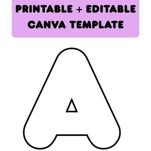 Può includere: Una lettera "A" bianca con un contorno nero e un piccolo triangolo all'interno. Sopra la lettera c'è un rettangolo viola chiaro con il testo "PRINTABLE + EDITABLE CANVA TEMPLATE" in nero.