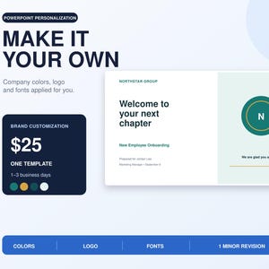 May include: A digital graphic for PowerPoint personalization services. It features the text "MAKE IT YOUR OWN" and "BRAND CUSTOMIZATION" with a sample slide titled "Welcome to your next chapter" for Northstar Group, including a circular logo with an N.