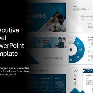 Peut inclure: Modèle PowerPoint avec un design noir et bleu. Le texte indique "Executive Level PowerPoint Template". Le modèle comprend des sections pour un plan d'affaires, les opportunités de marché, l'analyse SWOT et les informations sur l'équipe. Le texte "Make your job easier - use this template for all your Executive level presentations!" est également inclus.