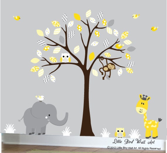 Nursery wall decal design art yellow grey chevron jungle decal Etsy