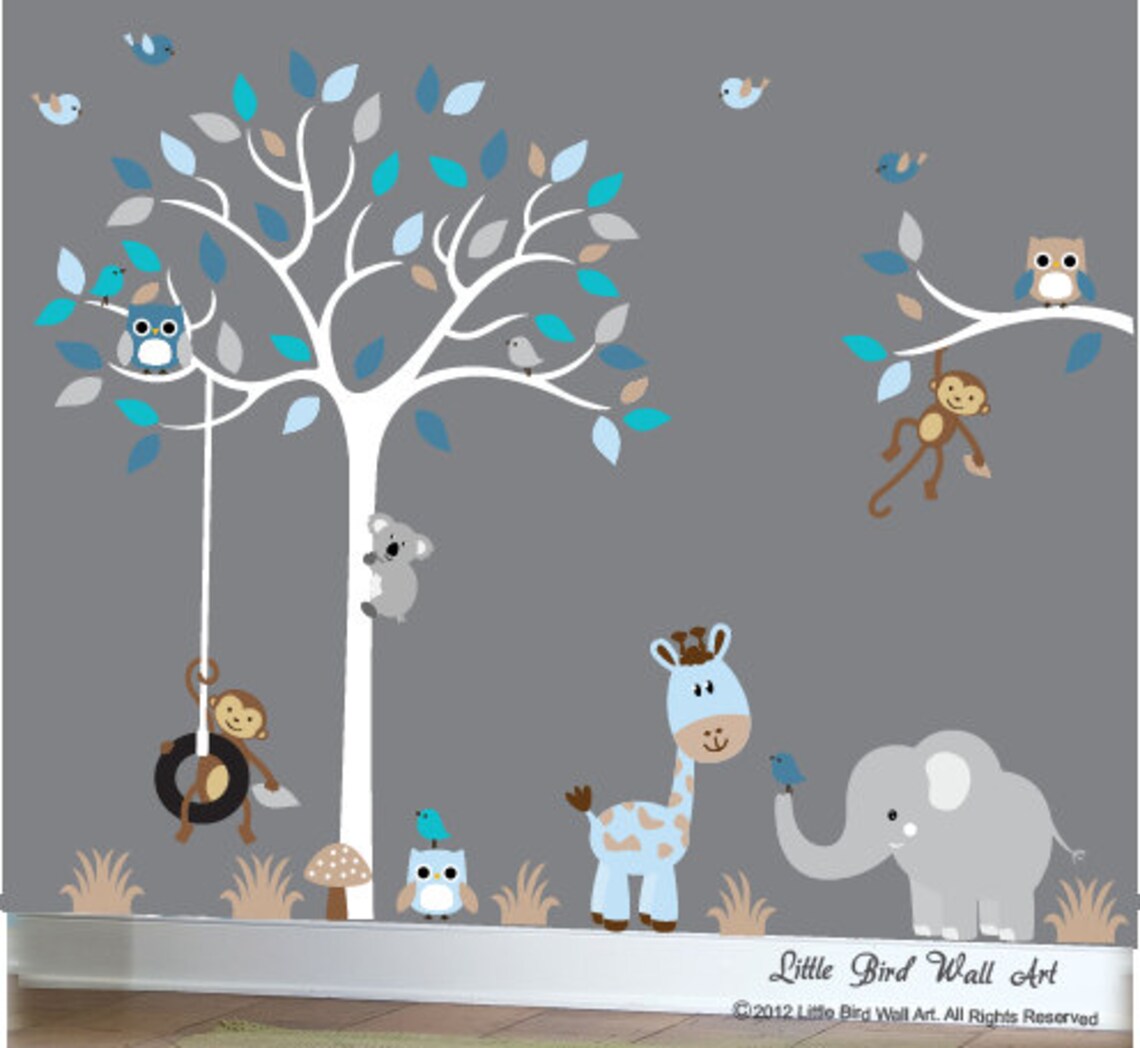 Baby boy wall decal nursery white tree wall decal grey blue Etsy