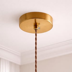 以下が含まれることがあります： 茶色のねじれた電気コードが付いた、金色の天井キャノピーのクローズアップ。キャノピーは丸く、ブラッシュ仕上げです。コードは濃い茶色で、ねじれています。
