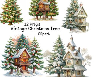 Vintage Christmas Tree Png, 12 Christmas File Png, Christmas Sublimation Digital, Clipart Watercolour Christmas Tree Png, Digital Print