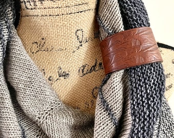 Upcycled Brown Leather Shawl Cuff, Embossed Scarf Ring