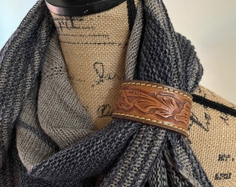 Upcycled Brown Leather Shawl Cuff, Scarf Ring, Embossed