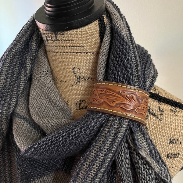 Upcycled Brown Leather Shawl Cuff, Scarf Ring, Embossed