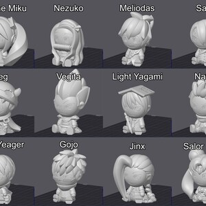 May include: A collection of twelve 3D-printed figurines, each depicting a different anime character. The characters include Hatsune Miku, Nezuko, Meliodas, Sanji, Reg, Vegeta, Light Yagami, Natsu, Eren Yeager, Gojo, Jinx, and Sailor Moon.