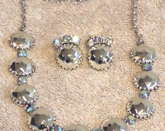 1950s Aurora Borealis Rhinestone Necklace Earrings Set, Mid Century Demi-Parure