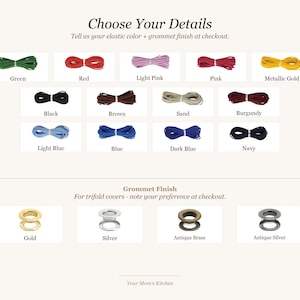 May include: Image showcasing color options for elastic and grommet finishes. Elastic colors include green, red, light pink, pink, and metallic gold. Grommet finishes are gold, silver, antique brass, and antique silver. Text reads "Choose Your Details."