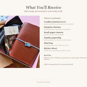 May include: A gift box containing a brown leather journal with a blue elastic closure and a decorative charm. The box also includes a black dust bag, a paperclip, a sticker sheet, and a "Thank You" card.
