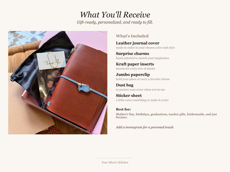 May include: A gift box containing a brown leather journal with a blue elastic closure and a decorative charm. The box also includes a black dust bag, a paperclip, a sticker sheet, and a "Thank You" card.