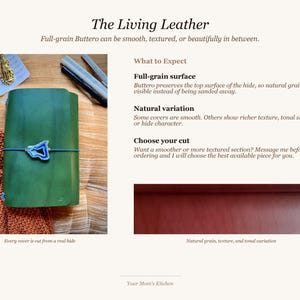 May include: A green leather journal with a blue elastic closure and a decorative blue and white charm. The image also shows a close-up of the leather's texture and the text "The Living Leather".