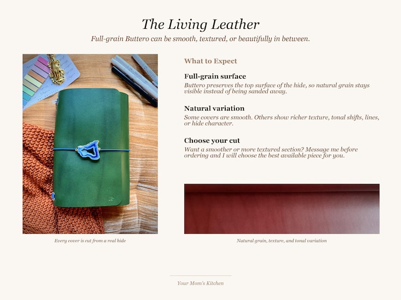 May include: A green leather journal with a blue elastic closure and a decorative blue and white charm. The image also shows a close-up of the leather's texture and the text "The Living Leather".