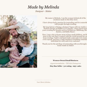 May include: A family portrait with the text "Made by Melinda" and "Your Mom's Kitchen". The image features a woman and a man with their three children. The text describes the Etsy shop owner and her passion for journaling.