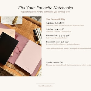 May include: Image of refillable notebook covers in black and pink, with the text "Fits Your Favorite Notebooks." Size compatibility includes A5 (5.8 x 8.5 inches), A6 (4.1 x 5.8 inches), Pocket (3.5 x 5 5/8 inches), and Passport (3.5 x 5 inches).