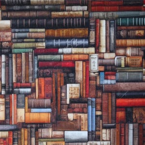 May include: An image depicting a dense arrangement of books, varying in size and colour. The books are tightly packed, creating a rich visual texture. The colour scheme includes browns, reds, blues, and greens, evoking a sense of a well-stocked library or bookstore.