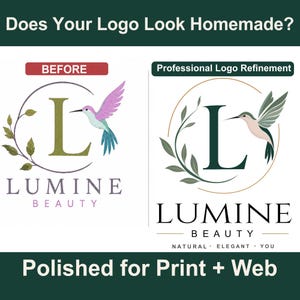 May include: A comparison graphic titled Does Your Logo Look Homemade? showing a before and after logo design for Lumine Beauty. The left side shows a purple and green hummingbird logo, while the right side shows a refined version with a dark green letter L.