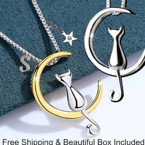 Personalized Cat Moon Necklace Jewelry, Sterling Silver Cat Necklace, Cat Jewelry, Cat Lover Gifts, Cat Pendant, Cat Charm,Gift for her