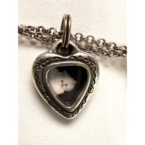 Pode incluir: Um colar com pingente em forma de cora&ccedil;&atilde;o prateado. O pingente apresenta uma pequena imagem emoldurada de um gato preto e branco. O cora&ccedil;&atilde;o &eacute; decorado com desenhos de estrelas e espirais nas bordas. A corrente do colar &eacute; de estilo simples.