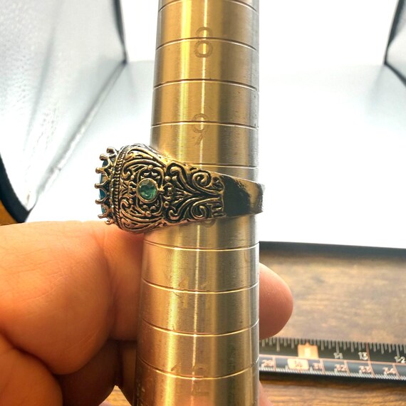 Large Green Statement Ring Ornate Silver Tone Eme… - image 5
