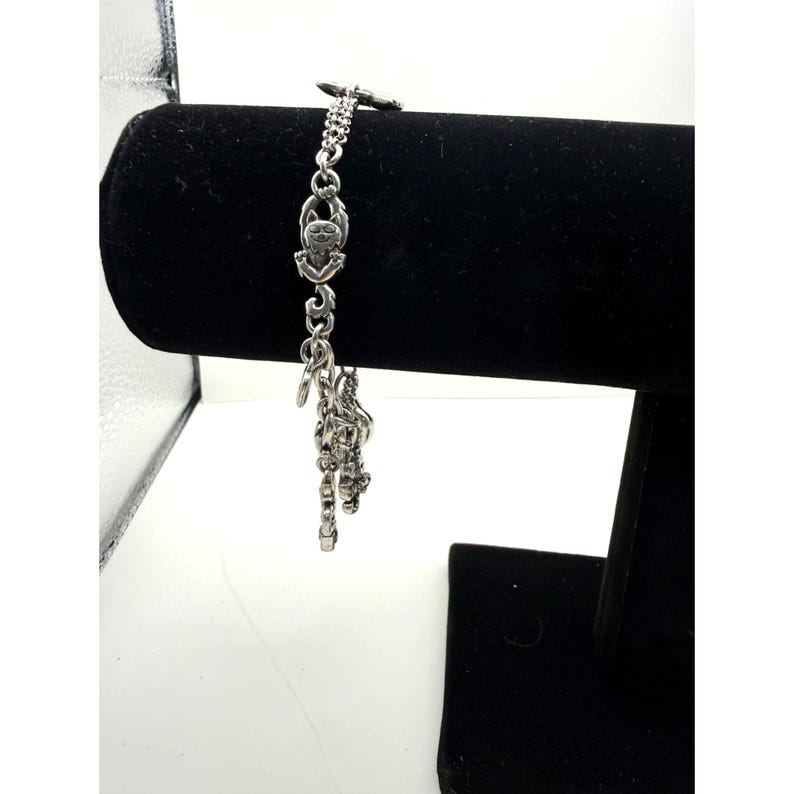 Pode incluir: Uma pulseira de berloques prateada com v&aacute;rios berloques pendurados. A pulseira &eacute; exibida em um suporte de veludo preto sobre um fundo branco. Os berloques incluem um gato, um cora&ccedil;&atilde;o e outros elementos decorativos.