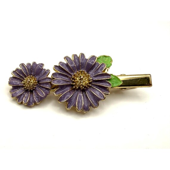 VTG Purple Enamel Daisy Hair Clip Gold Tone Flower Barrette  display picture 3