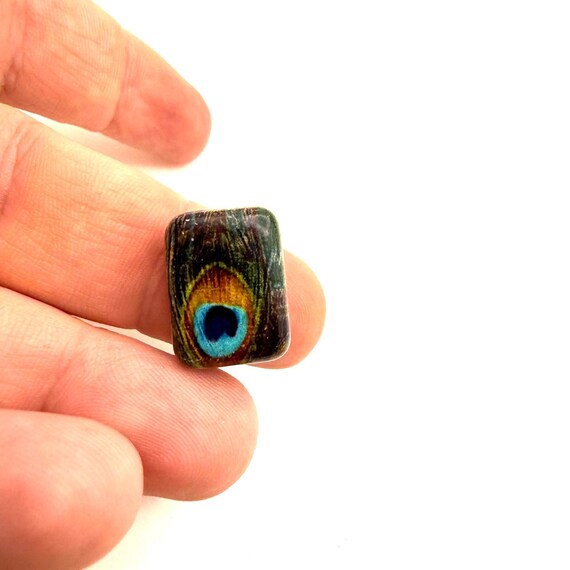 Vintage Peacock Feather Rectangular Bead Large Fo… - image 2