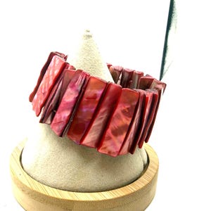Vintage Red Mother of Pearl Shell Stretch Bracelet Chunky Statement Tile Bracelet