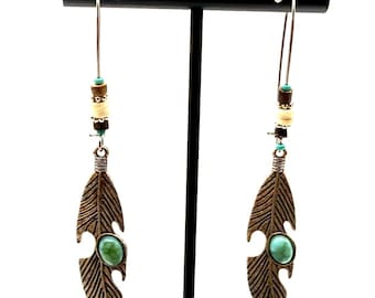 Southwestern Feather Hangoorbellen Turquoise Cabochon Boho Tribal Stijl
