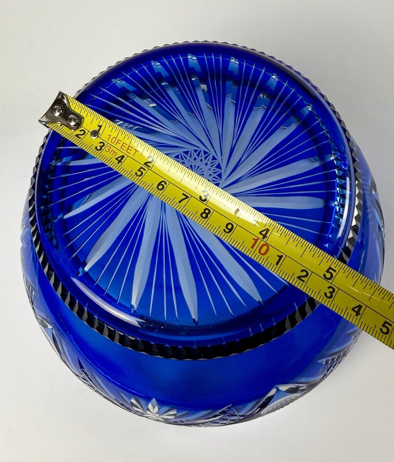 Cobalt Blue Cut to Clear Crystal Pedestal Bowl Bohemian Czech 8