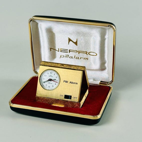 Rare NEPRO Pillalarm Swiss Mini Alarm Clock Gold Travel Original