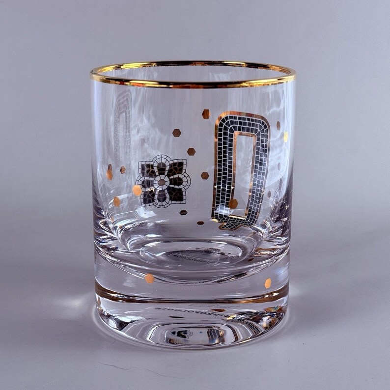 ANTHROPOLOGIE The Bistro Tile Monogram "Q" Old Fashioned Glass 24k Gold Rim NEW image 4