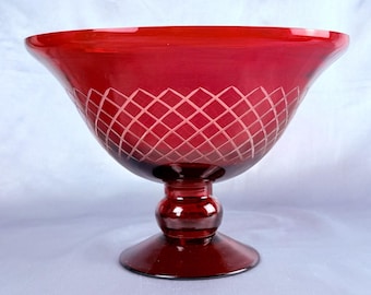 Ruby Red Cut Glass Pedestal Centerpiece Bowl Diamond Lattice 9” Vintage
