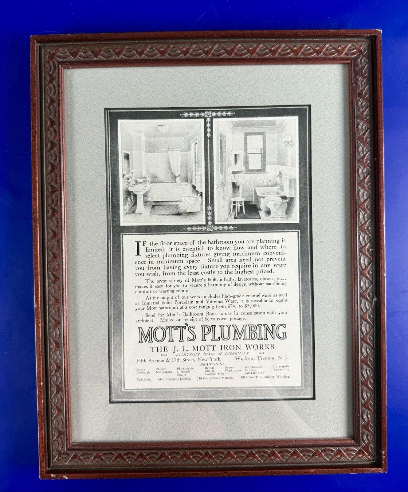 Mott's Plumbing Framed Art Print Bathroom Decor Retro Antique 1914 Advertisement