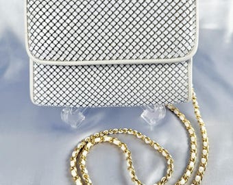 Bolso de noche de malla blanca Whiting & Davis, bandolera con cadena dorada, estilo vintage para novia