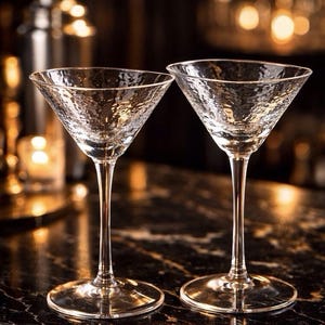 Peut inclure: Deux verres à martini transparents avec des coupes texturées et de longues tiges sont présentés sur une surface sombre, semblable à du marbre. L'arrière-plan est flou, suggérant un cadre de bar avec un éclairage tamisé et un shaker.
