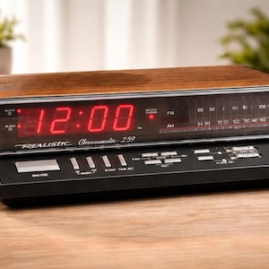 May include: A vintage Realistic Chronomatic 259 digital alarm clock. The clock has a black base with a wood-grain top and a red LED display showing the time. It features radio frequency indicators and control buttons.