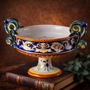 May include: An ornate ceramic bowl with handles and a pedestal base. The bowl has a white interior, a blue and gold rim with floral and face designs, and a colourful base. It rests on a vintage book.
