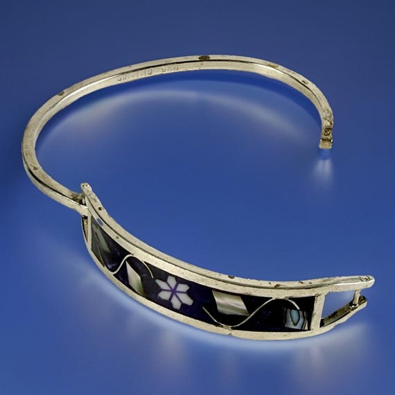 VTG Taxco MEXICO Bracelet Sterling Silver 925 Abalone Blue Enamel