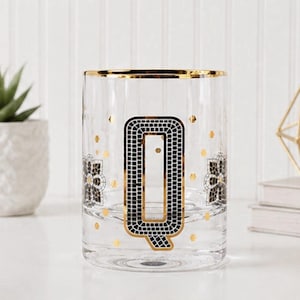 ANTHROPOLOGIE The Bistro Tile Monogram "Q" Old Fashioned Glass 24k Gold Rim NEW image 1
