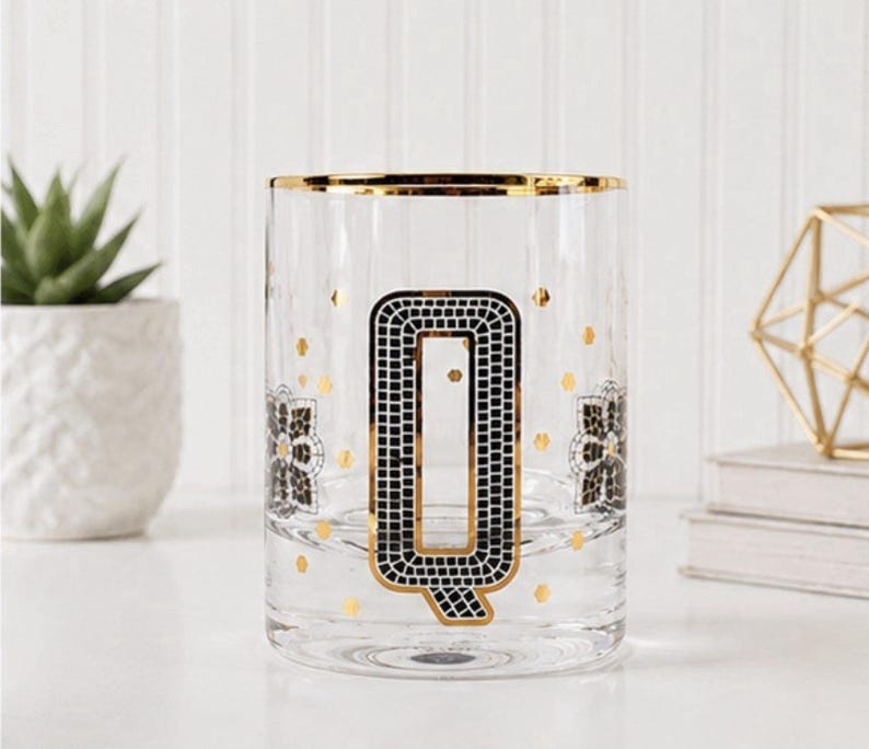 ANTHROPOLOGIE The Bistro Tile Monogram "Q" Old Fashioned Glass 24k Gold Rim NEW image 1