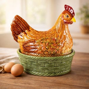 以下が含まれることがあります： 茶色とオレンジ色の体、赤い鶏冠、黄色のくちばしを持つ、鶏の形をしたセラミック製の卵ホルダー。 鶏は緑色のバスケット織りのベースの上に座っています。 2 つの茶色の卵が木製の表面に置かれています。