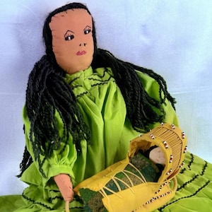 VTG Apache Cloth Doll w/ Baby Papoose Cradleboard Beaded Leather Moccasins 19”